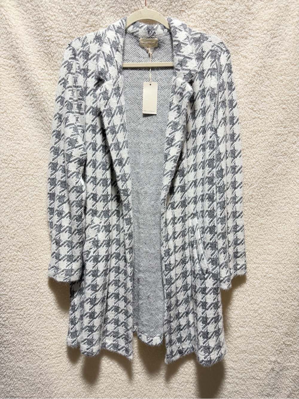 MELLODAY Gray White Houndstooth Longline Size Large Coatigan Cardigan NEW